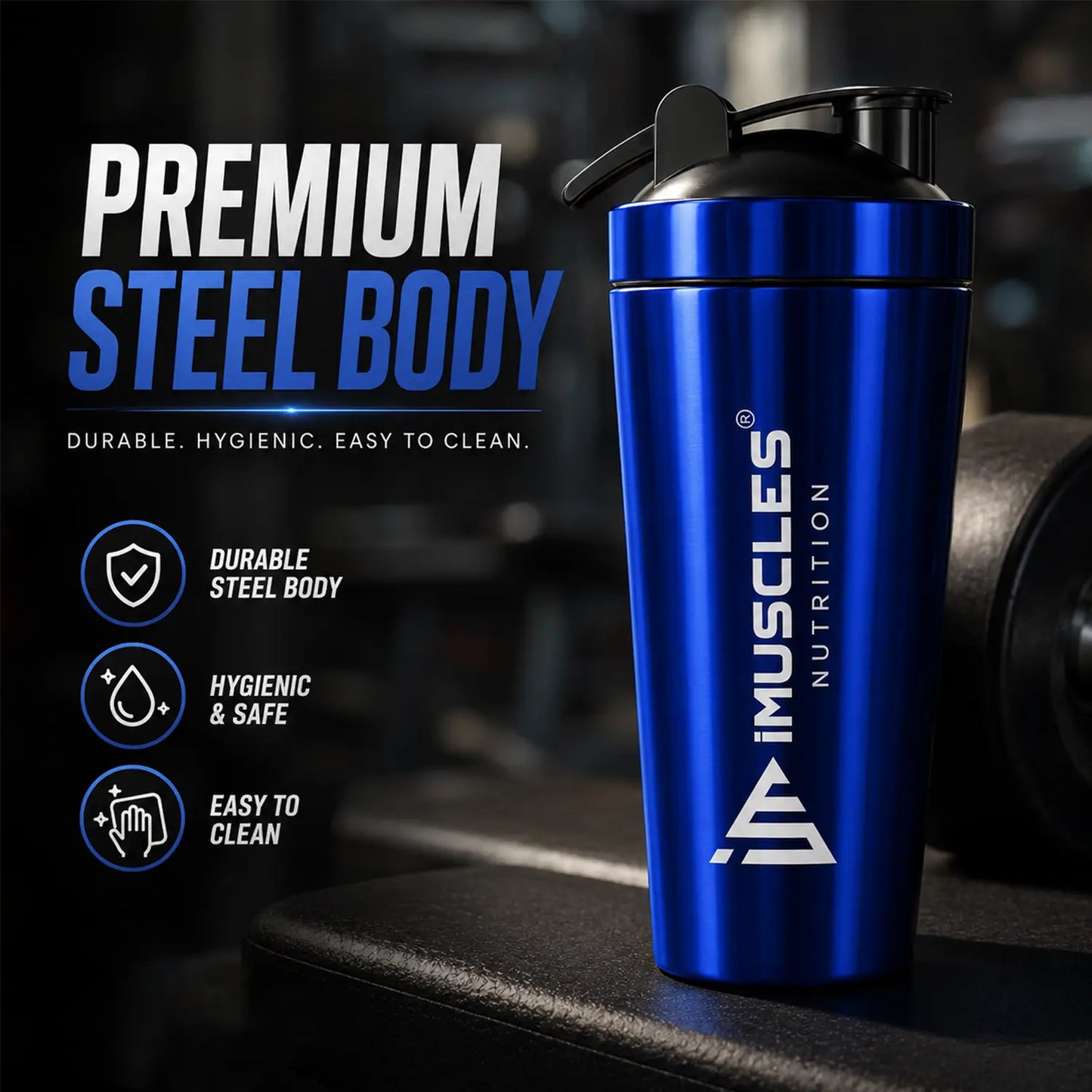 A promotional advertisement for "BLUE 1.1.jpg" featuring a premium blue steel shaker bottle from iMuscles Nutrition. The text highlights its durable, hygienic, and easy-to-clean design, showcasing it as a reliable fitness accessory for gym-goers needing a safe and high-quality container for their supplements and workout drinks.