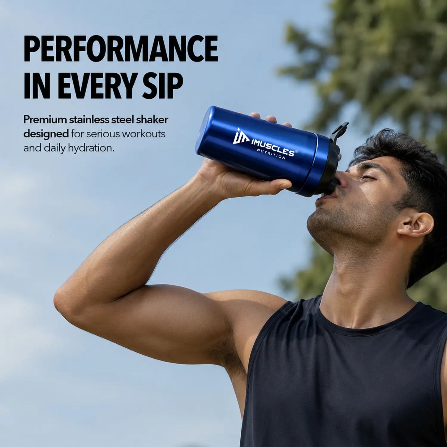 A promotional advertisement for "BLUE 1. 3.jpg" featuring an athlete drinking from a premium blue stainless steel iMuscles Nutrition shaker bottle. The graphic, titled "Performance in Every Sip," highlights the bottle's design for serious workouts and daily hydration, emphasizing both durability and functionality for active users.