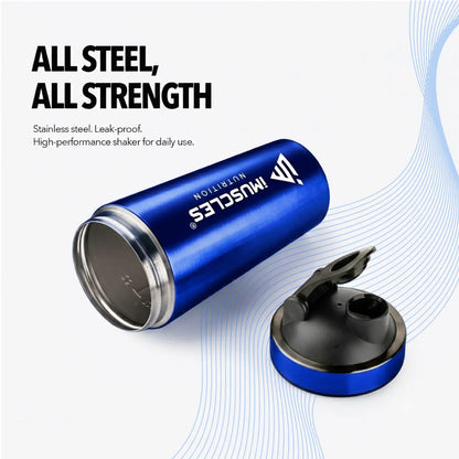 A promotional advertisement for "BLUE 1. 5.jpg" featuring a blue iMuscles Nutrition stainless steel shaker bottle with its lid open. The graphic, titled "All Steel, All Strength," emphasizes its leak-proof, high-performance design, highlighting the durability and strength required for daily use by athletes and fitness enthusiasts.