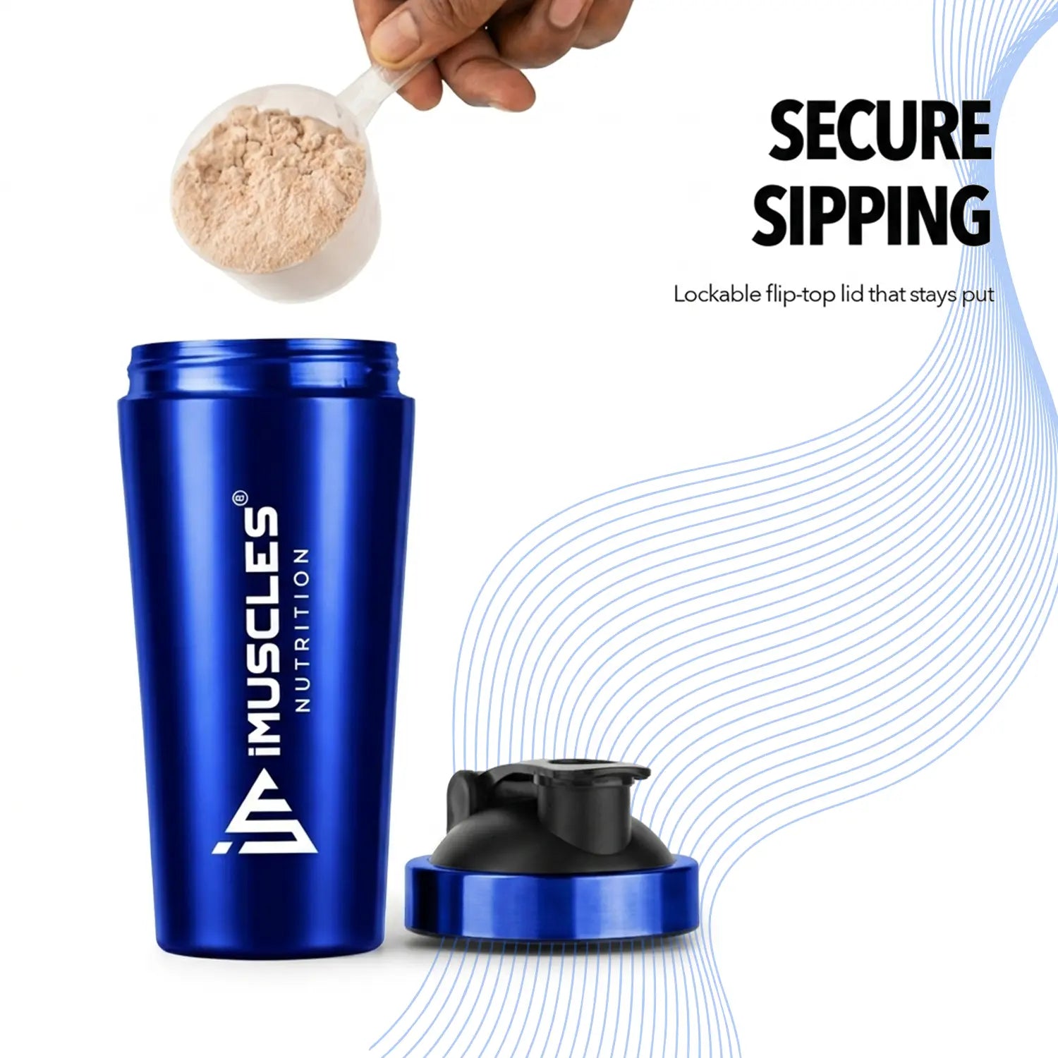 A promotional graphic for "BLUE 1. 6.jpg" showcasing a blue iMuscles Nutrition shaker bottle being filled with protein powder. The image highlights the "Secure Sipping" feature, featuring a lockable flip-top lid that stays firmly in place during use, ensuring a mess-free experience for athletes and gym-goers.