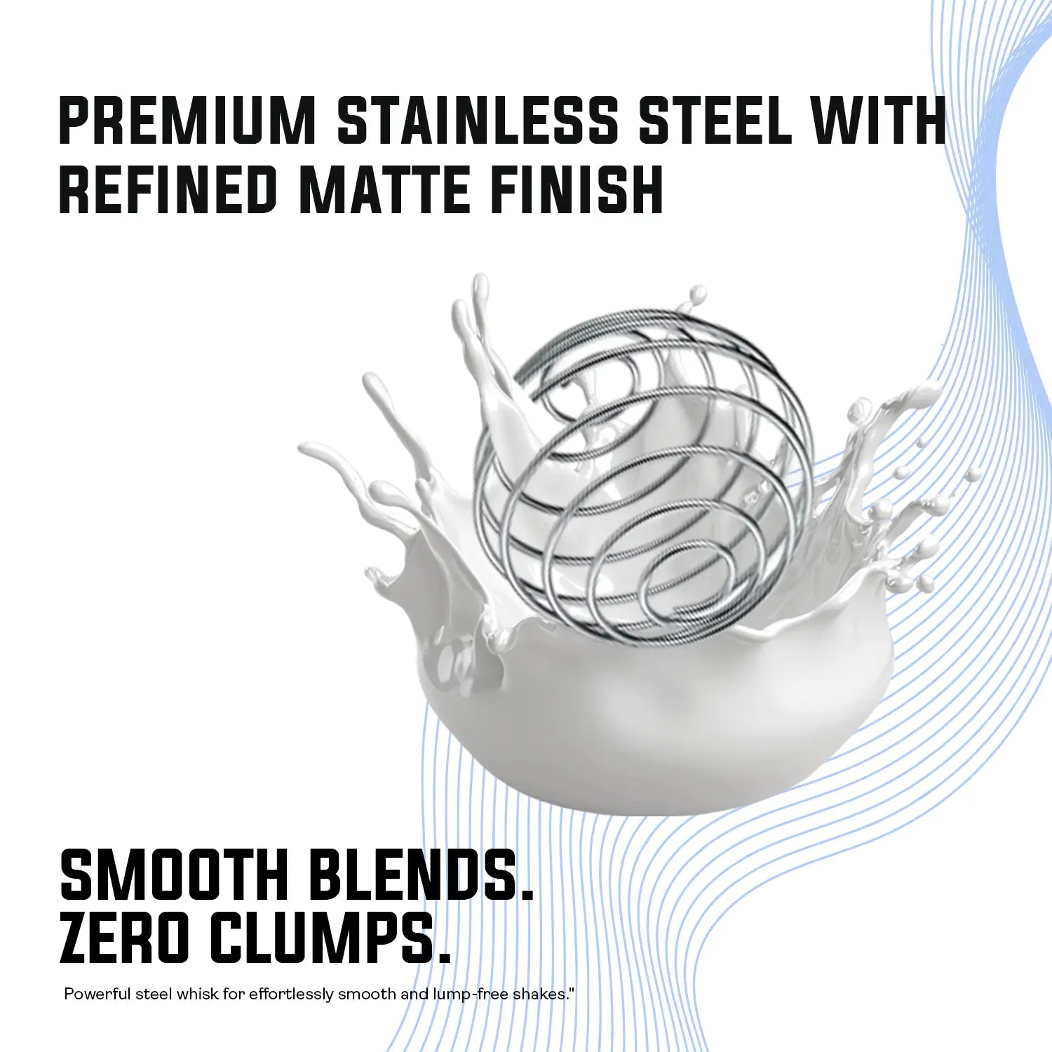 A promotional graphic for "BLUE 1. 7.jpg" highlighting the premium features of an iMuscles Nutrition shaker bottle, specifically focusing on its premium stainless steel construction with a refined matte finish and a powerful steel whisk ball that ensures smooth, lump-free protein shakes for every use.