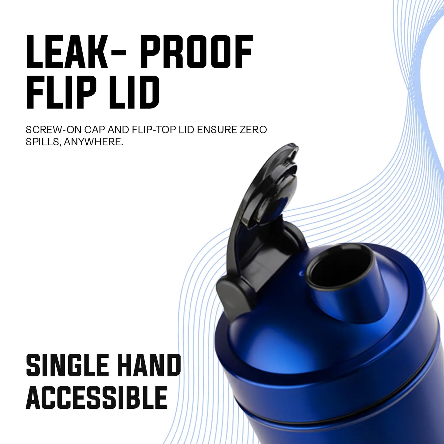 A promotional graphic for "BLUE 1. 8.jpg" highlighting the leak-proof flip lid design of an iMuscles Nutrition shaker bottle. The image emphasizes its screw-on cap and flip-top lid, which ensure zero spills anywhere and provide convenient single-hand accessibility for active users.