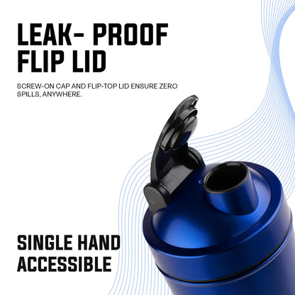 A promotional graphic for "BLUE 1. 8.jpg" highlighting the leak-proof flip lid design of an iMuscles Nutrition shaker bottle. The image emphasizes its screw-on cap and flip-top lid, which ensure zero spills anywhere and provide convenient single-hand accessibility for active users.