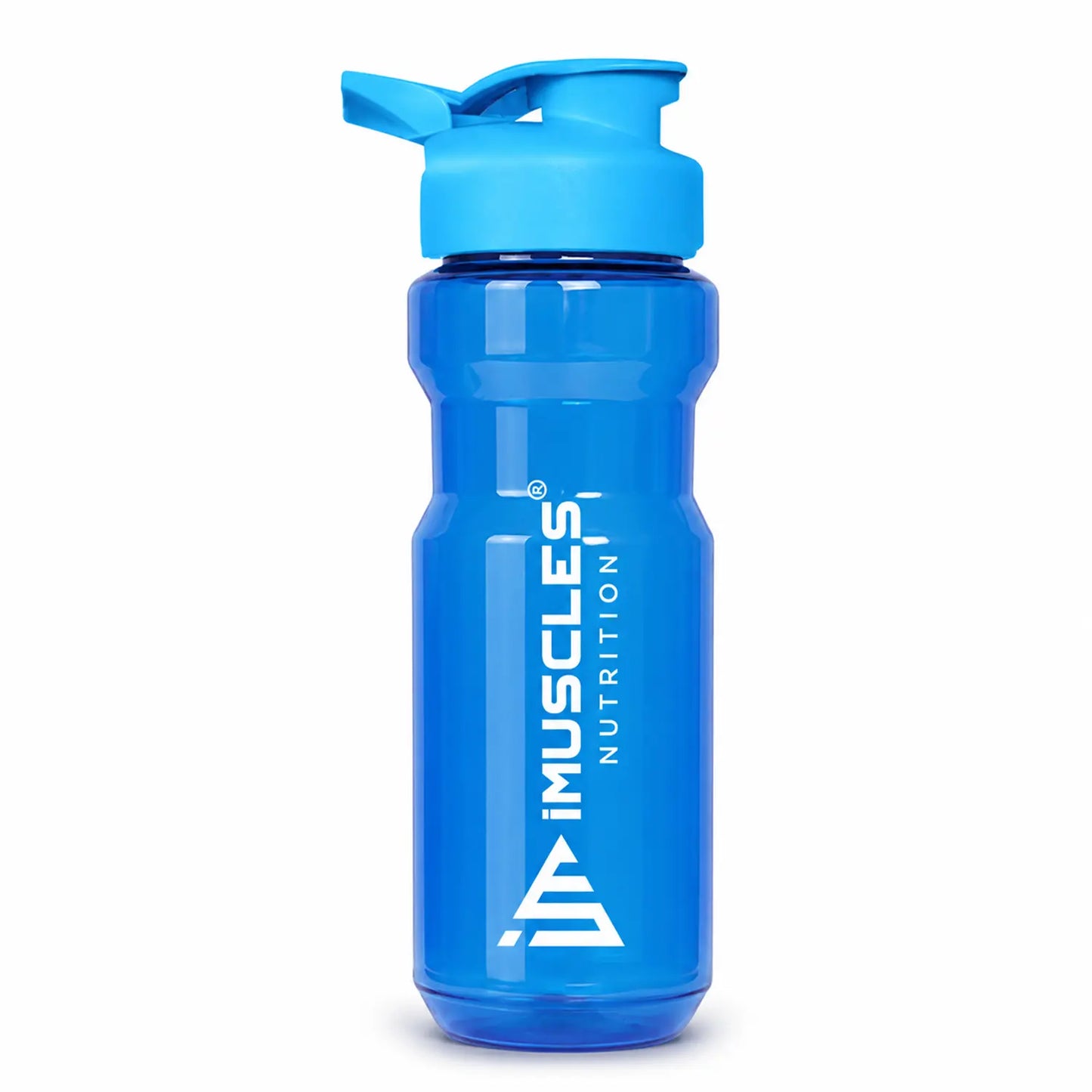 A product photograph of "Blue 1.1.jpg" featuring a bright blue, transparent iMuscles Nutrition shaker bottle with a matching blue flip-top lid. The design is sleek and functional, ideal for mixing supplements and maintaining hydration during workouts at the gym or during outdoor activities.
