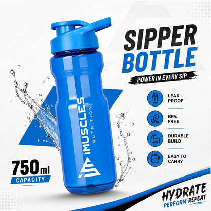 A promotional advertisement for "Blue 1.2.jpg" showcasing a 750ml blue iMuscles Nutrition sipper bottle. The graphic emphasizes its key features: leak-proof, BPA-free, durable build, and easy to carry, positioning it as an essential tool for hydration, performance, and daily fitness routines.