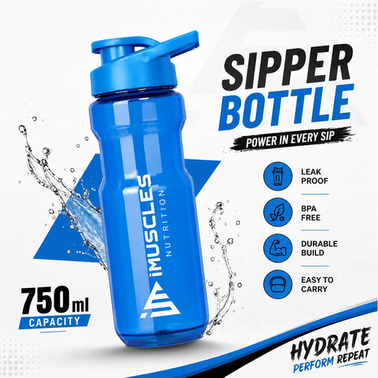 A promotional advertisement for "Blue 1.2.jpg" showcasing a 750ml blue iMuscles Nutrition sipper bottle. The graphic emphasizes its key features: leak-proof, BPA-free, durable build, and easy to carry, positioning it as an essential tool for hydration, performance, and daily fitness routines.