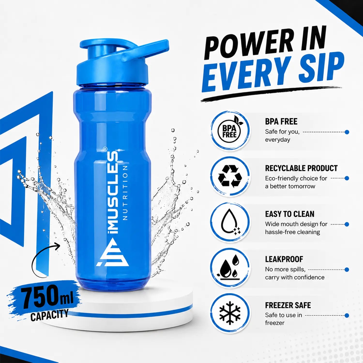 A promotional graphic for Blue 1.3.jpg showcasing a 750ml blue iMuscles Nutrition sipper bottle. The image highlights features including BPA free, recyclable, easy to clean wide mouth design, leakproof performance, and freezer safety, emphasizing the theme "Power in Every Sip" for daily fitness and hydration needs.