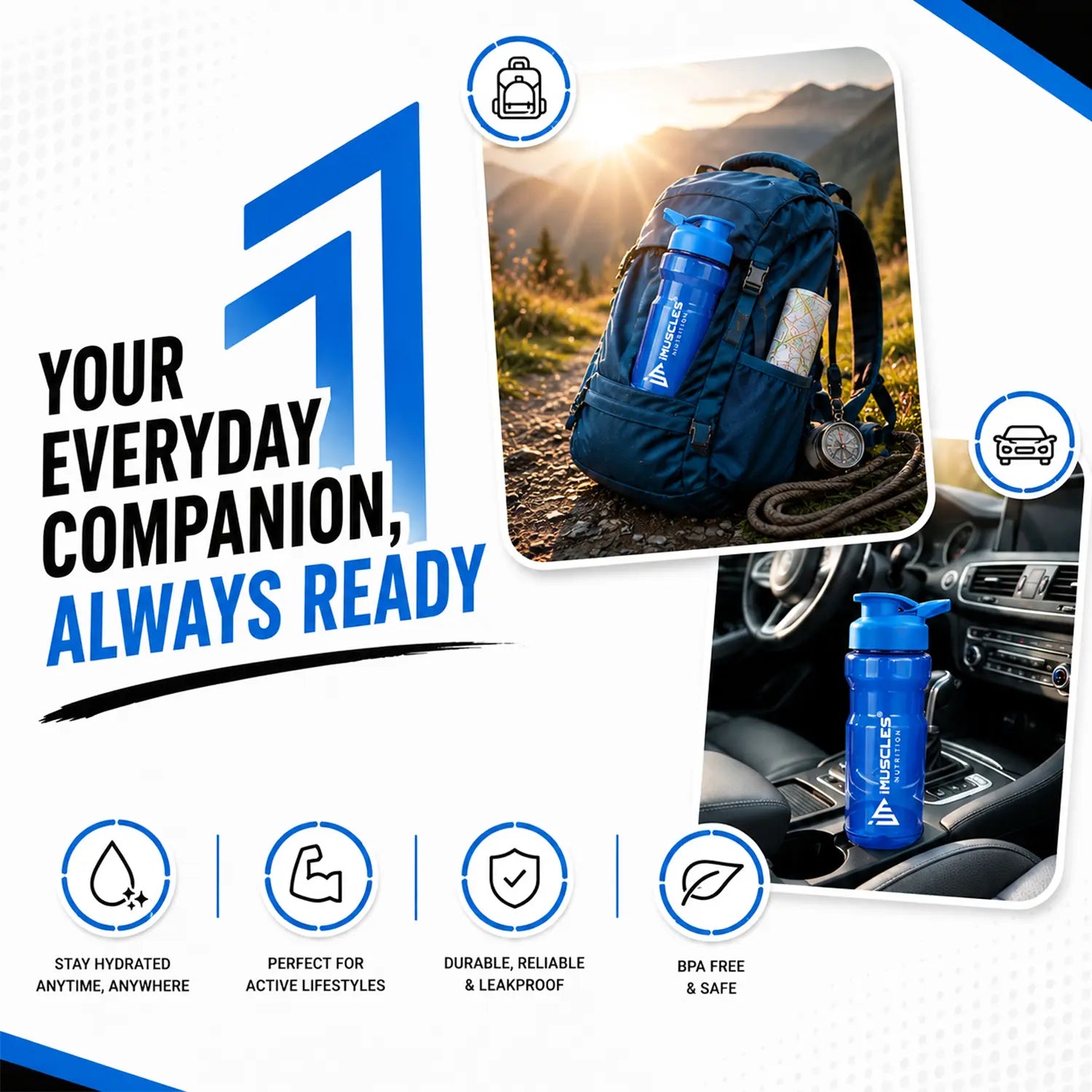 A promotional advertisement for "Blue 1.6.jpg" titled "Your Perfect Partner." It features an athlete drinking from an iMuscles Nutrition blue shaker bottle and highlights its key design elements: a comfortable, non-slip grip, a leak-proof lid and cap, and its reliability as an everyday companion for fitness and active lifestyles.