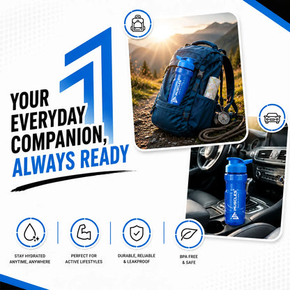 A promotional advertisement for "Blue 1.6.jpg" titled "Your Perfect Partner." It features an athlete drinking from an iMuscles Nutrition blue shaker bottle and highlights its key design elements: a comfortable, non-slip grip, a leak-proof lid and cap, and its reliability as an everyday companion for fitness and active lifestyles.