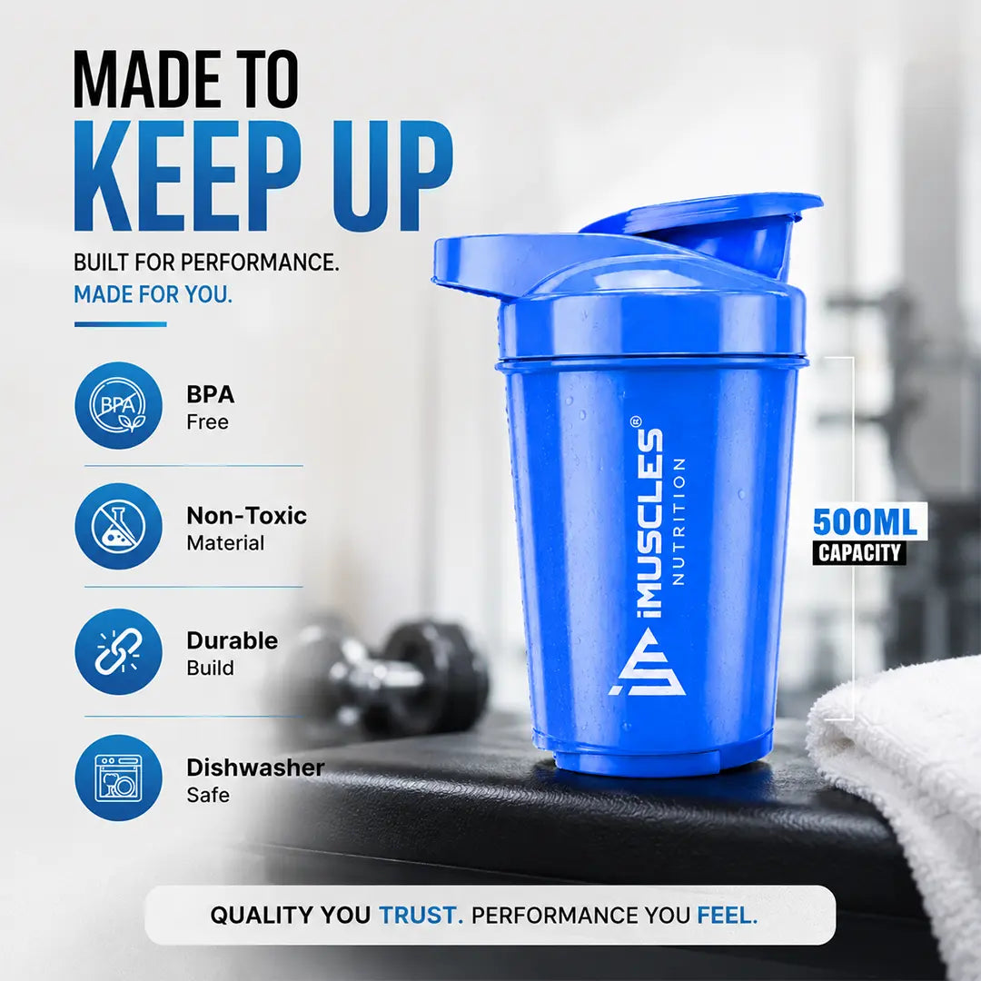 In "black 1.jpg", a 500ml iMuscles Nutrition shaker bottle is presented as a high-performance fitness accessory. The image highlights its durable build, non-toxic and BPA-free material, and dishwasher-safe convenience, emphasizing a reliable, premium product designed to support an active, health-conscious lifestyle during workouts and daily activities.