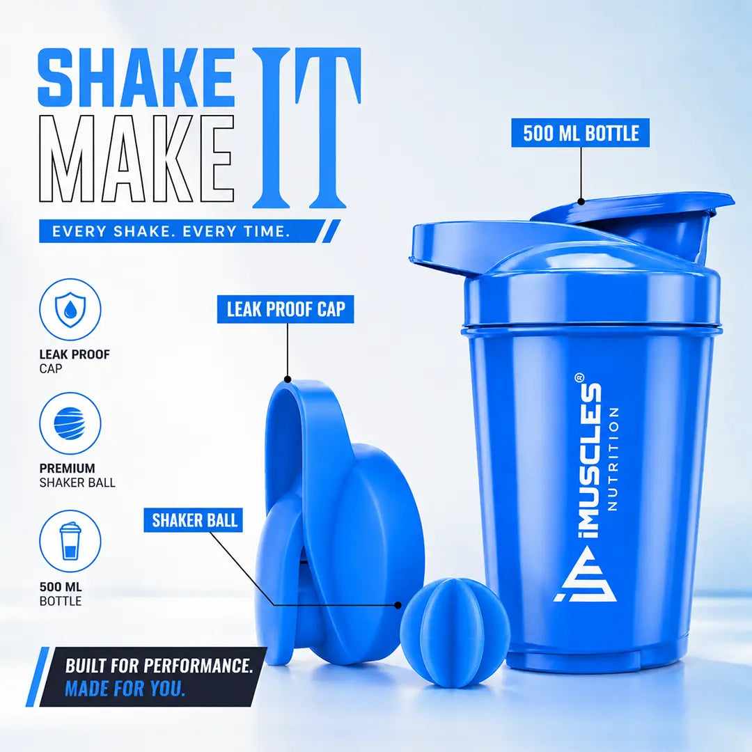 In "black 2.jpg", a black 500ml iMuscles Nutrition shaker bottle is displayed alongside its leak-proof cap and mixing ball. The design emphasizes performance and durability, featuring clean branding and highlighting the key components required for a smooth, lump-free protein shake in an professional, minimalist studio product shot.
