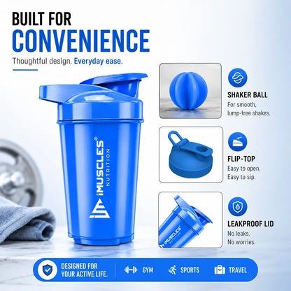 In "black 3.jpg", a black iMuscles Nutrition shaker bottle is showcased alongside close-ups of its shaker ball, flip-top lid, and leakproof design. The image highlights its convenience for gym, sports, and travel, emphasizing a durable, functional, and user-friendly design for active lifestyles in a professional, clean product presentation.