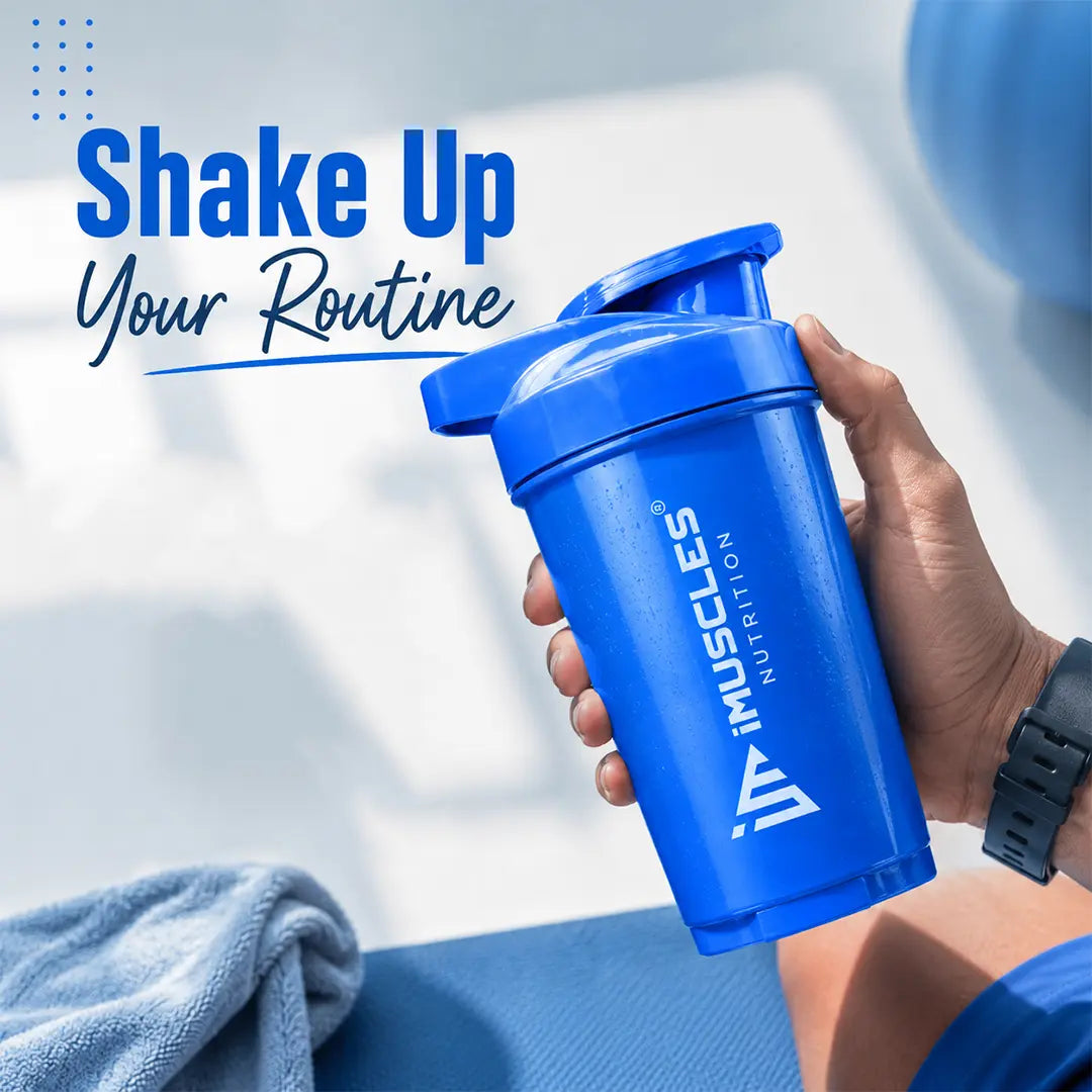 In "black 4.jpg", a hand holds a sleek black iMuscles Nutrition shaker bottle, promoting it as a tool to "Shake Up Your Routine." The image conveys a modern, energetic, and powerful branding theme, emphasizing its role as a premium, high-performance accessory designed for fitness and active lifestyle branding.
