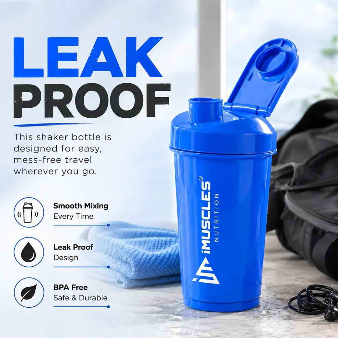 In "black 6.jpg", a black iMuscles Nutrition shaker bottle is displayed alongside a blender ball with a dynamic water splash effect. The image highlights the bottle's premium features, including smooth mixing, lump-free results, BPA-free material, and easy-to-clean design, showcasing a high-performance accessory for fitness enthusiasts.