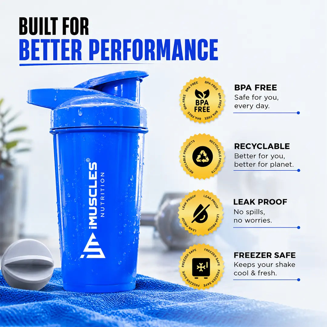In "black 7.jpg", a black iMuscles Nutrition shaker bottle is displayed on a towel, highlighting its premium performance features. The image emphasizes key benefits, including BPA-free construction, recyclable materials, a leak-proof design, and freezer safety, presenting an essential, high-quality accessory for modern fitness enthusiasts and supplement users.