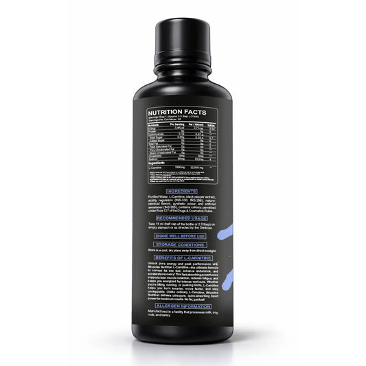 A black bottle of iMuscles Nutrition L-Carnitine 3300 Blueberry flavor health supplement. The label features a splash of blueberries and ice, highlighting "Fat Loss Support," "100% Stimulant Free," and "0mg Added Sugar". It is a 450ml bottle containing 30 servings.