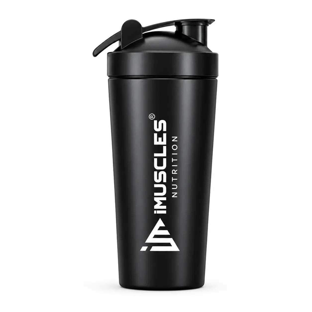 A detailed product infographic for the iMuscles Nutrition stainless steel shaker, referenced as black 4.jpg. The left side highlights key features such as being odor-free, easy to clean, recyclable, leak-proof, freezer safe, and made of stainless steel, with a central note that the logo is "ENGRAVED NOT PRINTED". The right side features an exploded view of the 739ml jar, showing the leak-proof lid, leak-proof cap, and the included whisk ball.