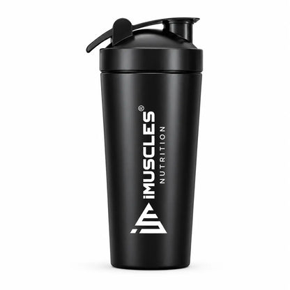 A detailed product infographic for the iMuscles Nutrition stainless steel shaker, referenced as black 4.jpg. The left side highlights key features such as being odor-free, easy to clean, recyclable, leak-proof, freezer safe, and made of stainless steel, with a central note that the logo is "ENGRAVED NOT PRINTED". The right side features an exploded view of the 739ml jar, showing the leak-proof lid, leak-proof cap, and the included whisk ball.