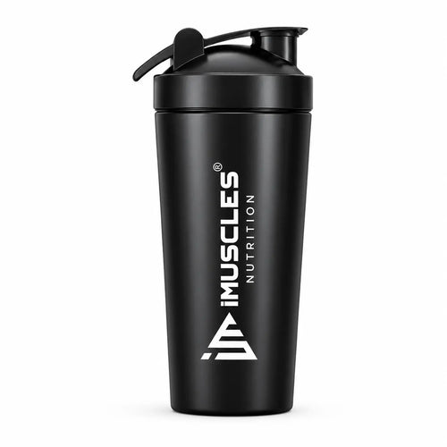 A detailed product infographic for the iMuscles Nutrition stainless steel shaker, referenced as black 4.jpg. The left side highlights key features such as being odor-free, easy to clean, recyclable, leak-proof, freezer safe, and made of stainless steel, with a central note that the logo is "ENGRAVED NOT PRINTED". The right side features an exploded view of the 739ml jar, showing the leak-proof lid, leak-proof cap, and the included whisk ball.