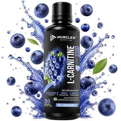 A black bottle of iMuscles Nutrition L-Carnitine 3300 Blueberry flavor health supplement. The label features a splash of blueberries and ice, highlighting "Fat Loss Support," "100% Stimulant Free," and "0mg Added Sugar". It is a 450ml bottle containing 30 servings.