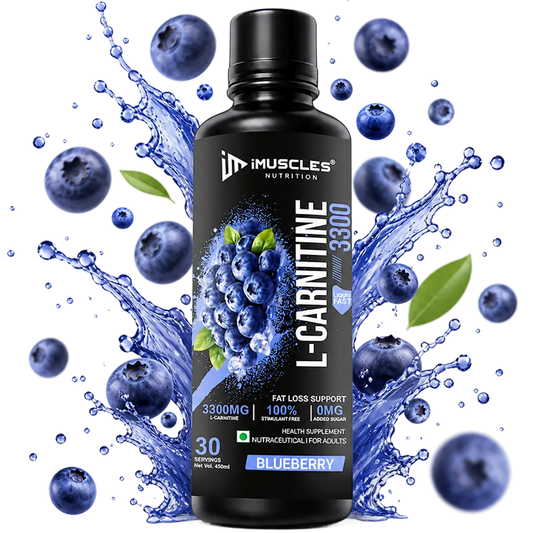 A black bottle of iMuscles Nutrition L-Carnitine 3300 Blueberry flavor health supplement. The label features a splash of blueberries and ice, highlighting "Fat Loss Support," "100% Stimulant Free," and "0mg Added Sugar". It is a 450ml bottle containing 30 servings.