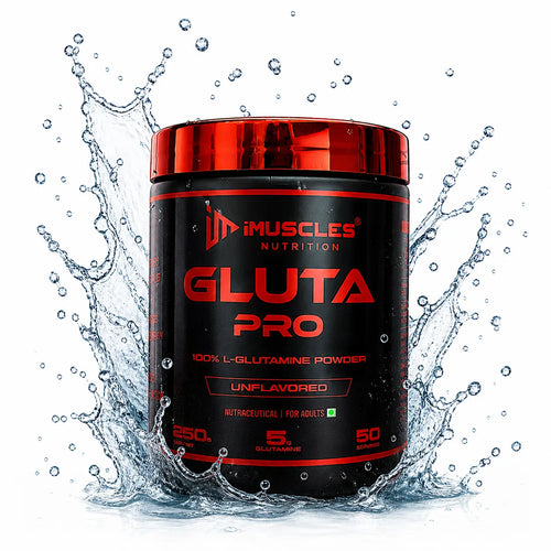 iMuscles Nutrition banner for Gluta Pro, a high-strength 100% L-Glutamine powder. The image shows a hand holding a 250g black and red tub against a dark textured background. Text highlights muscle recovery, immunity support, and gut health benefits.