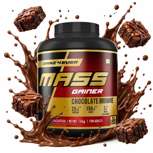 Gainz 4 Ever Chocolate Brownie Mass Gainer 3kg tub with 25g protein and 150g carbs per serving