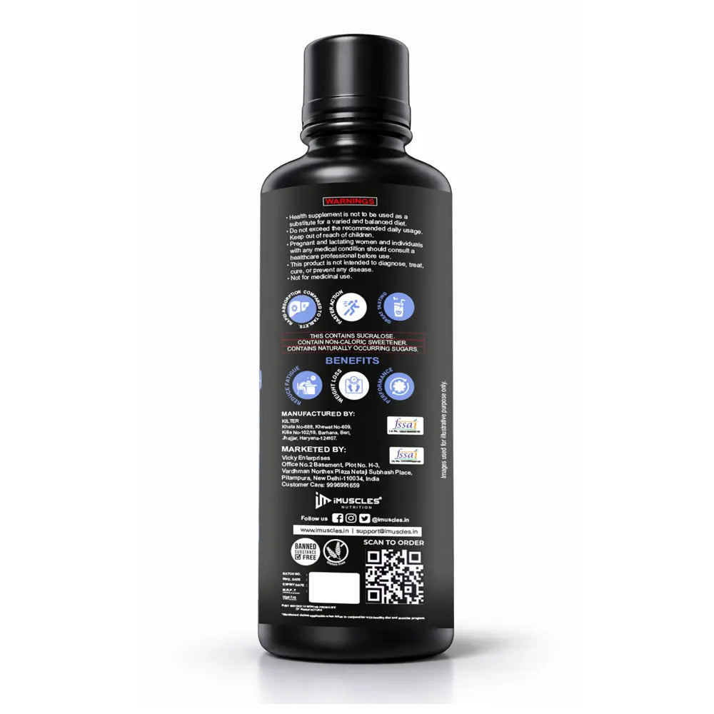 A black bottle of iMuscles Nutrition L-Carnitine 3300 Blueberry flavor health supplement. The label features a splash of blueberries and ice, highlighting "Fat Loss Support," "100% Stimulant Free," and "0mg Added Sugar". It is a 450ml bottle containing 30 servings.