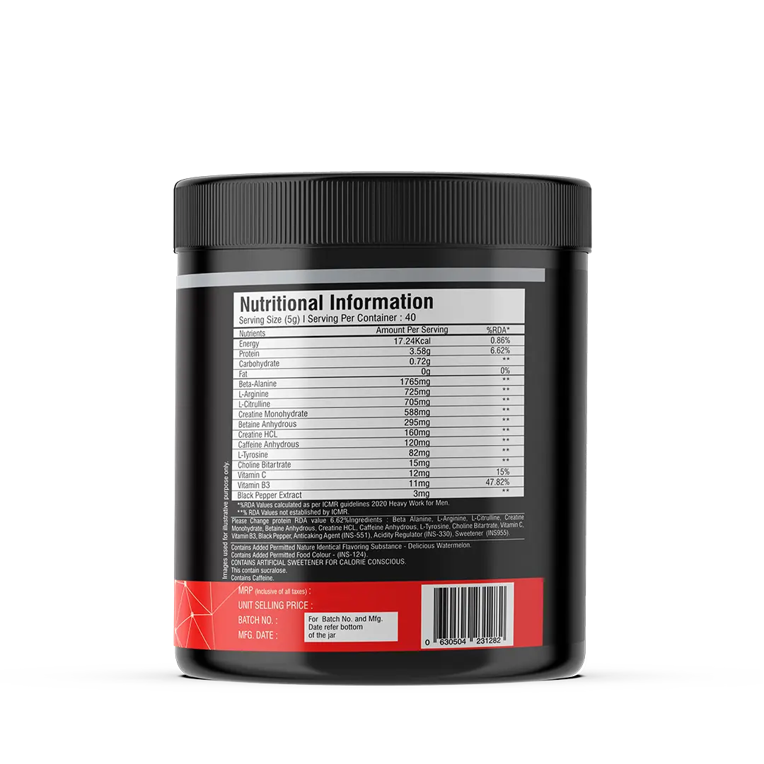 iMuscles Nutrition Instant Charge Preworkout jar in Delicious Watermelon flavor. The black 200g container features red branding and is surrounded by dynamic red liquid splashes and fresh watermelon slices with ice cubes on a white background.