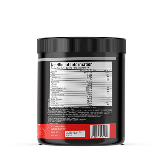 iMuscles Nutrition Instant Charge Preworkout jar in Delicious Watermelon flavor. The black 200g container features red branding and is surrounded by dynamic red liquid splashes and fresh watermelon slices with ice cubes on a white background.