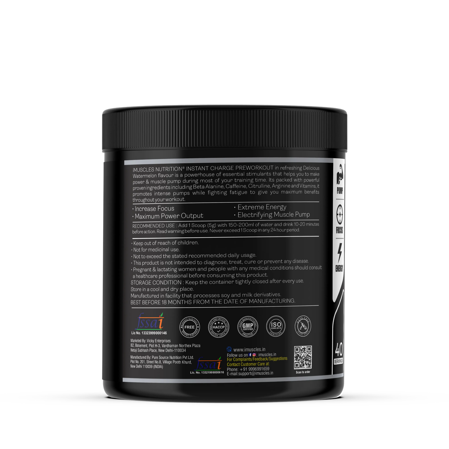 iMuscles Nutrition Instant Charge Preworkout jar in Delicious Watermelon flavor. The black 200g container features red branding and is surrounded by dynamic red liquid splashes and fresh watermelon slices with ice cubes on a white background.