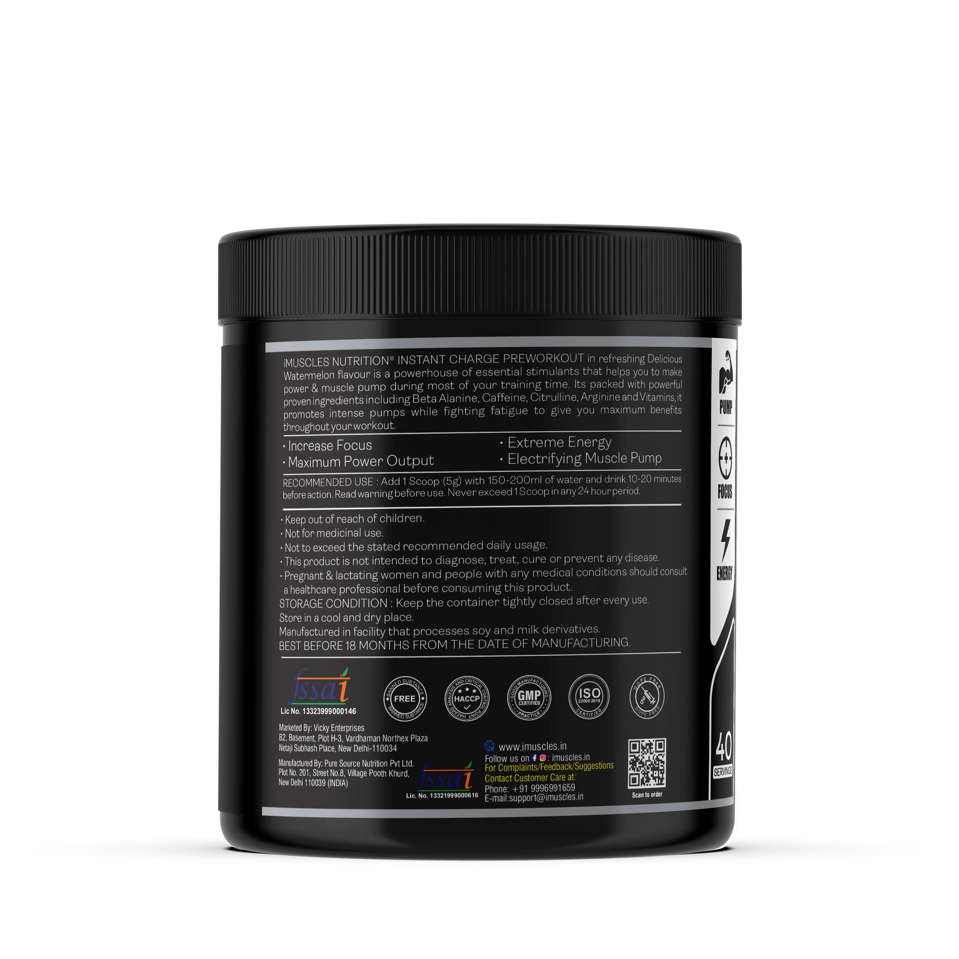 iMuscles Nutrition Instant Charge Preworkout jar in Delicious Watermelon flavor. The black 200g container features red branding and is surrounded by dynamic red liquid splashes and fresh watermelon slices with ice cubes on a white background.