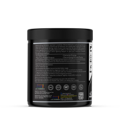iMuscles Nutrition Instant Charge Preworkout jar in Delicious Watermelon flavor. The black 200g container features red branding and is surrounded by dynamic red liquid splashes and fresh watermelon slices with ice cubes on a white background.