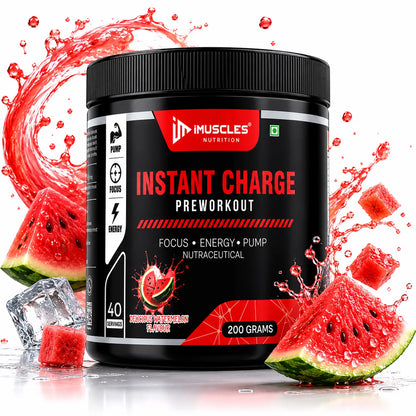 iMuscles Nutrition Instant Charge Preworkout jar in Delicious Watermelon flavor. The black 200g container features red branding and is surrounded by dynamic red liquid splashes and fresh watermelon slices with ice cubes on a white background.