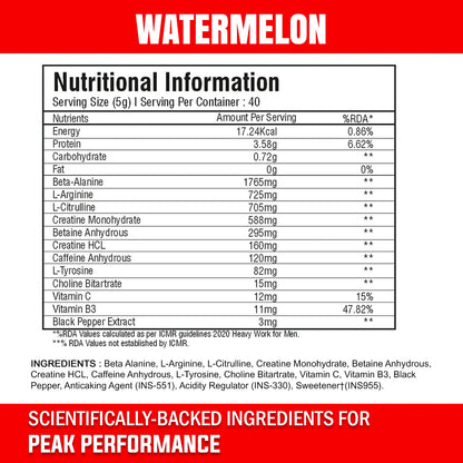 iMUSCLES NUTRITION Instant Charge Pre-Workout Watermelon flavor nutritional information label and full ingredients list chart. Shows serving size 5g, 40 servings per container, 17.24 Kcal energy, 3.58g protein, active amino acids, vitamins, and ICMR guidelines percentage RDA values for peak performance.