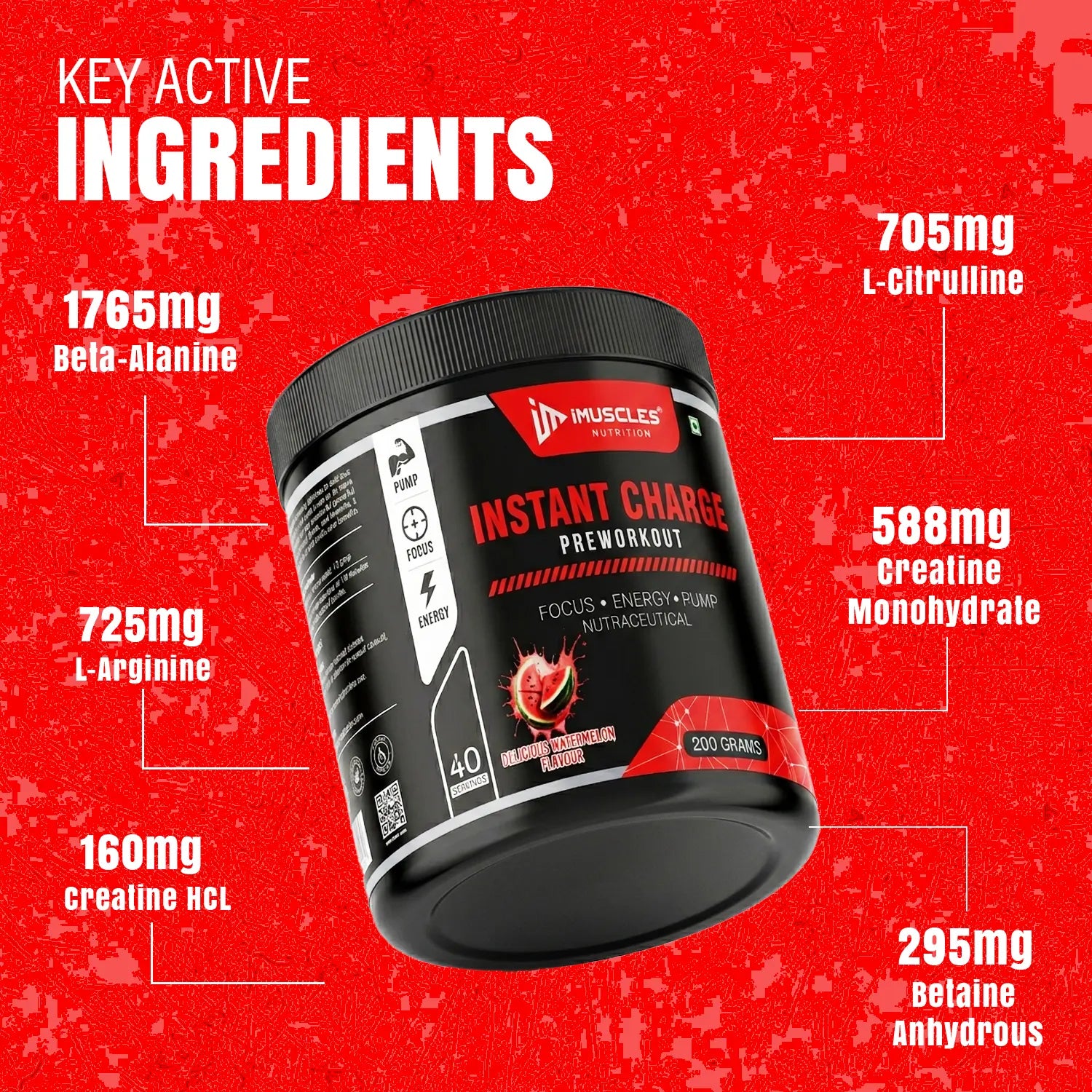 iMuscles Nutrition Instant Charge Preworkout jar in Delicious Watermelon flavor. The black 200g container features red branding and is surrounded by dynamic red liquid splashes and fresh watermelon slices with ice cubes on a white background.