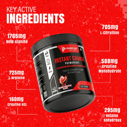 iMuscles Nutrition Instant Charge Preworkout jar in Delicious Watermelon flavor. The black 200g container features red branding and is surrounded by dynamic red liquid splashes and fresh watermelon slices with ice cubes on a white background.