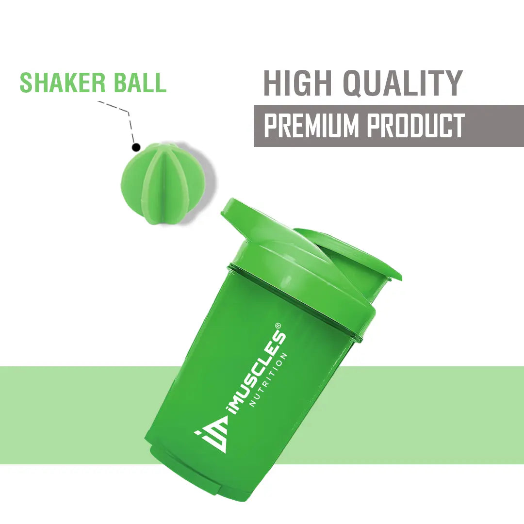 A promotional banner for the iMuscles Nutrition green shaker bottle. On the left, bold dark green text on a light green background reads "SHAKE UP SUCCEED" and "YOUR FITNESS GAME CHANGER". The right side features a 500 ml lime green shaker bottle and a matching green mixing ball, labeled with "VERSATILITY" and "500 ML