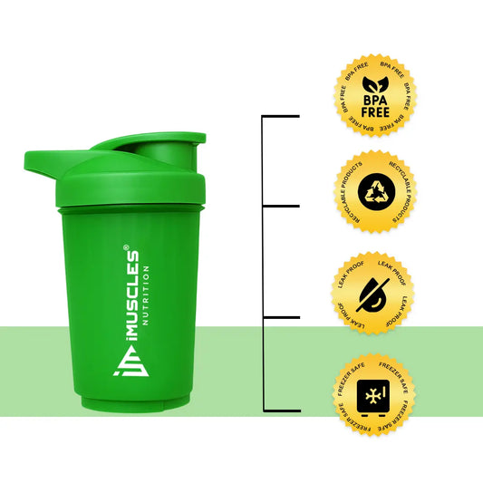A promotional banner for the iMuscles Nutrition green shaker bottle. On the left, bold dark green text on a light green background reads "SHAKE UP SUCCEED" and "YOUR FITNESS GAME CHANGER". The right side features a 500 ml lime green shaker bottle and a matching green mixing ball, labeled with "VERSATILITY" and "500 ML