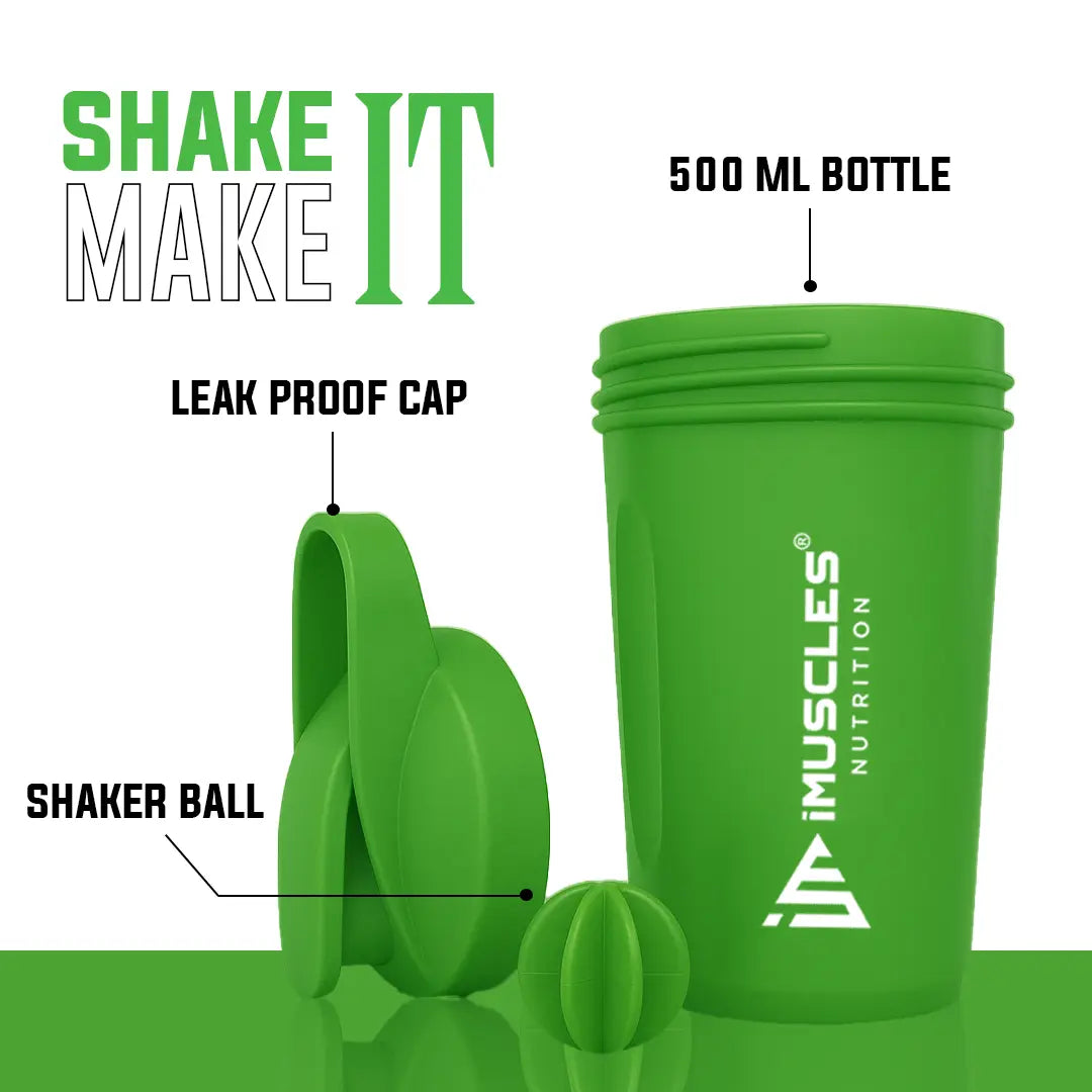 A promotional banner for the iMuscles Nutrition green shaker bottle. On the left, bold dark green text on a light green background reads "SHAKE UP SUCCEED" and "YOUR FITNESS GAME CHANGER". The right side features a 500 ml lime green shaker bottle and a matching green mixing ball, labeled with "VERSATILITY" and "500 ML