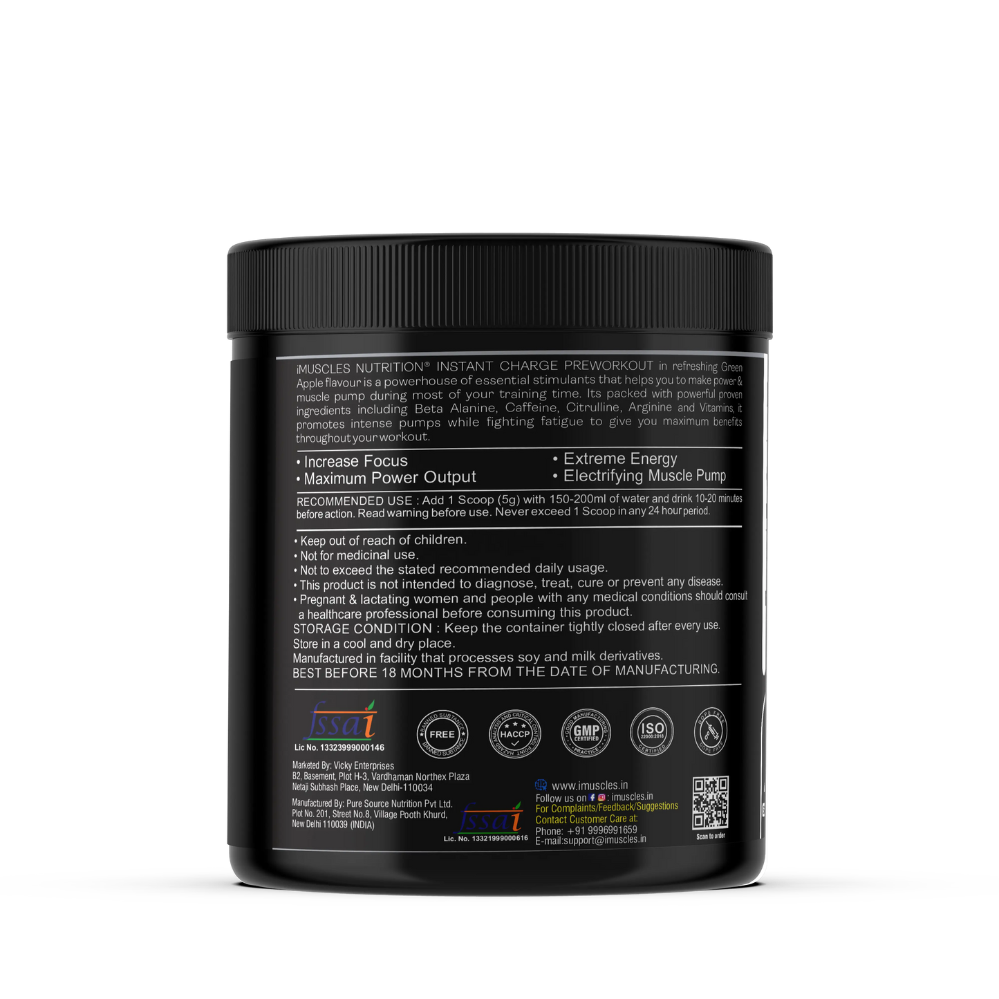 iMuscles Nutrition Instant Charge Pre-Workout supplement jar in Tropical Twist Mojito flavour with mint leaves, lime slices, and splash visuals, designed to boost energy, focus, and muscle pump performance.