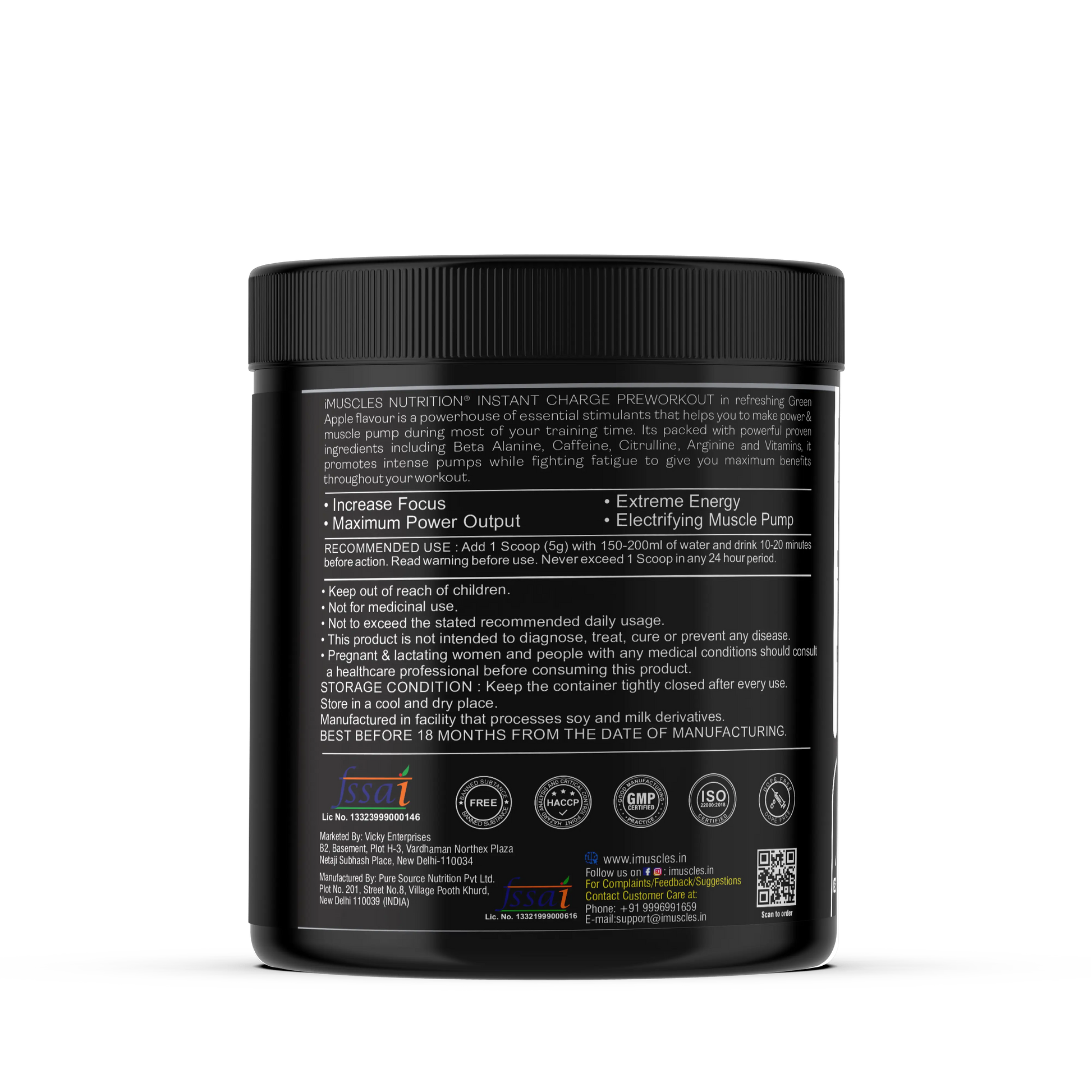 iMuscles Nutrition Instant Charge Pre-Workout supplement jar in green apple flavour with fresh apple slices and splash effect, designed to boost energy, focus, and muscle pump performance.
