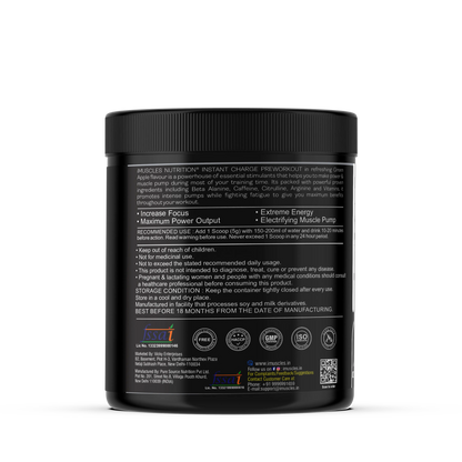 iMuscles Nutrition Instant Charge Pre-Workout supplement jar in green apple flavour with fresh apple slices and splash effect, designed to boost energy, focus, and muscle pump performance.