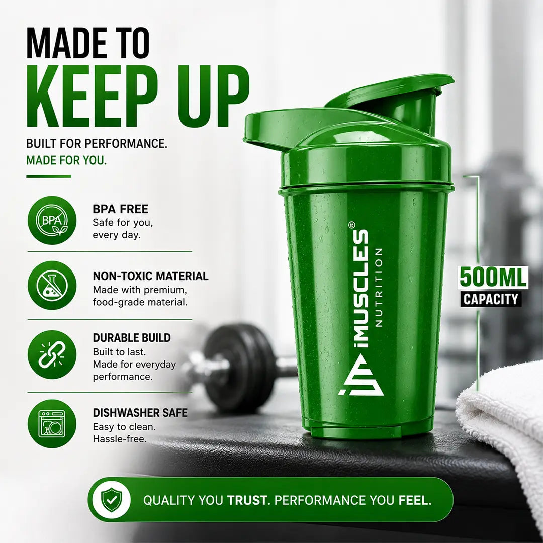 In "black 1.jpg", a 500ml iMuscles Nutrition shaker bottle is presented as a high-performance fitness accessory. The image highlights its durable build, non-toxic and BPA-free material, and dishwasher-safe convenience, emphasizing a reliable, premium product designed to support an active, health-conscious lifestyle during workouts and daily activities.