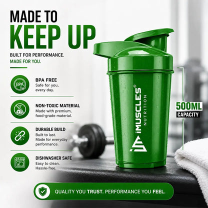 In "black 1.jpg", a 500ml iMuscles Nutrition shaker bottle is presented as a high-performance fitness accessory. The image highlights its durable build, non-toxic and BPA-free material, and dishwasher-safe convenience, emphasizing a reliable, premium product designed to support an active, health-conscious lifestyle during workouts and daily activities.