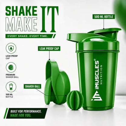 In "black 2.jpg", a black 500ml iMuscles Nutrition shaker bottle is displayed alongside its leak-proof cap and mixing ball. The design emphasizes performance and durability, featuring clean branding and highlighting the key components required for a smooth, lump-free protein shake in an professional, minimalist studio product shot.