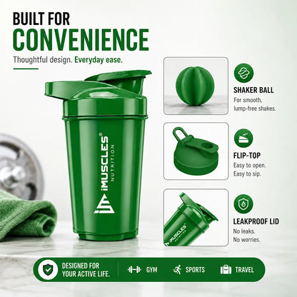 In "black 3.jpg", a black iMuscles Nutrition shaker bottle is showcased alongside close-ups of its shaker ball, flip-top lid, and leakproof design. The image highlights its convenience for gym, sports, and travel, emphasizing a durable, functional, and user-friendly design for active lifestyles in a professional, clean product presentation.