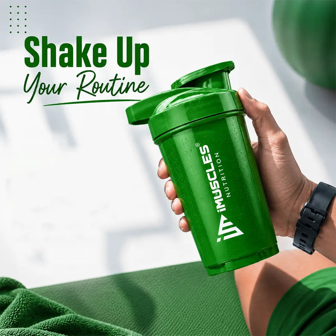 In "black 4.jpg", a hand holds a sleek black iMuscles Nutrition shaker bottle, promoting it as a tool to "Shake Up Your Routine." The image conveys a modern, energetic, and powerful branding theme, emphasizing its role as a premium, high-performance accessory designed for fitness and active lifestyle branding.