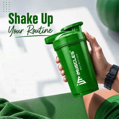 In "black 4.jpg", a hand holds a sleek black iMuscles Nutrition shaker bottle, promoting it as a tool to "Shake Up Your Routine." The image conveys a modern, energetic, and powerful branding theme, emphasizing its role as a premium, high-performance accessory designed for fitness and active lifestyle branding.