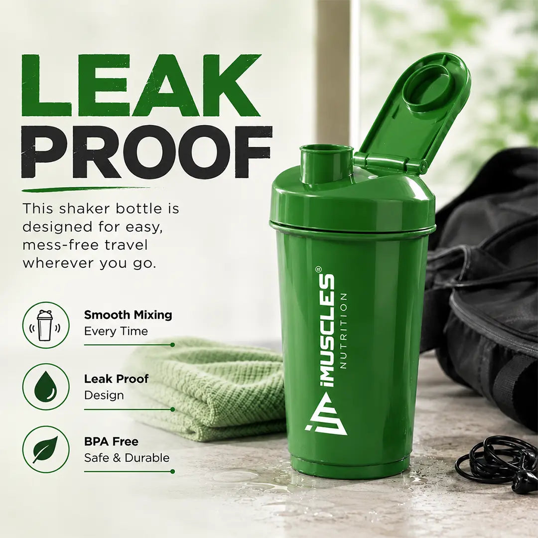 In "black 6.jpg", a black iMuscles Nutrition shaker bottle is displayed alongside a blender ball with a dynamic water splash effect. The image highlights the bottle's premium features, including smooth mixing, lump-free results, BPA-free material, and easy-to-clean design, showcasing a high-performance accessory for fitness enthusiasts.